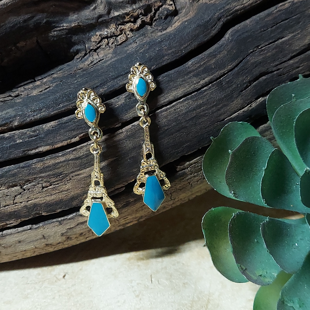 E1948 Blue Goldtone Bollywood Geo Drop Earrings 6$